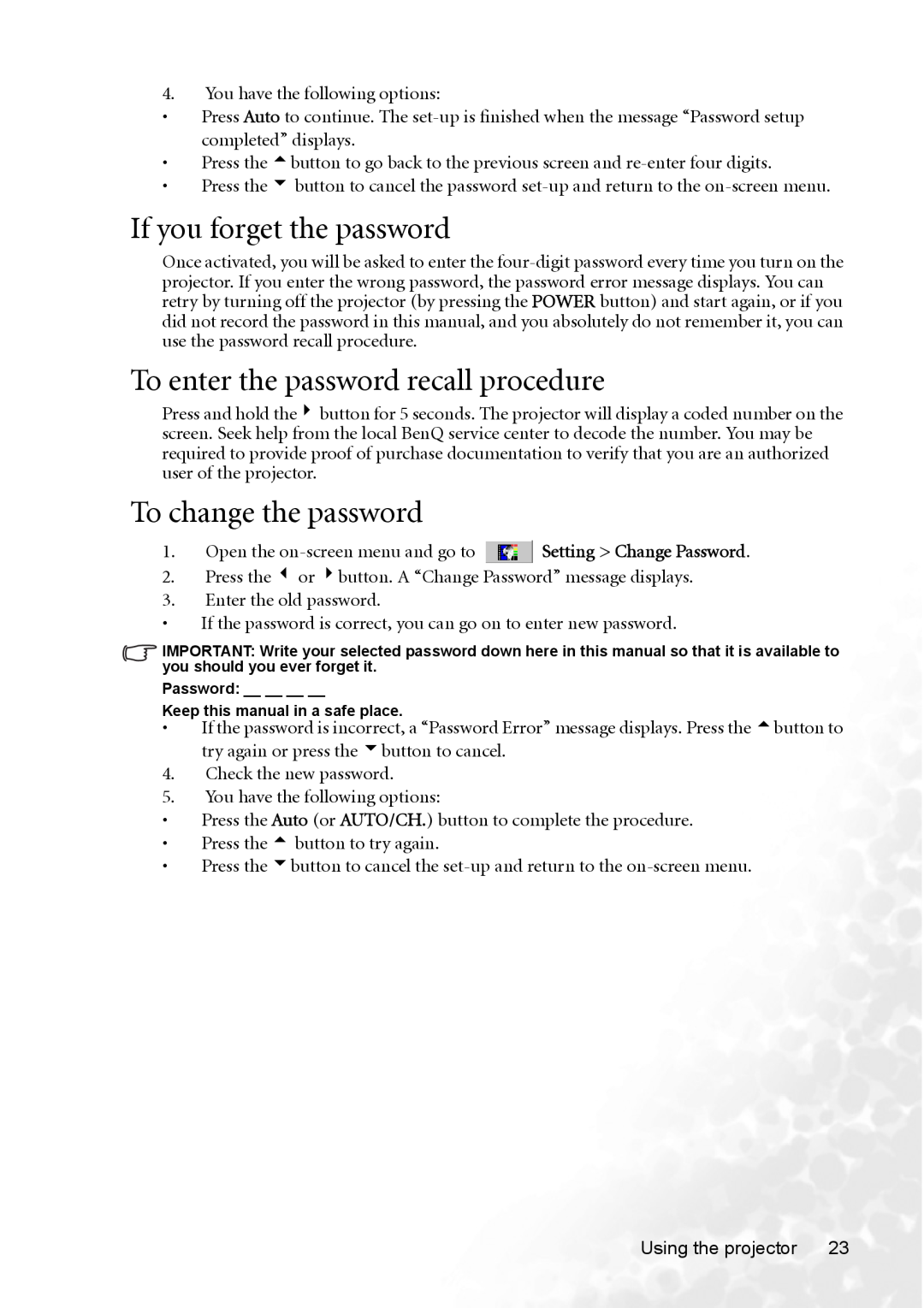 BenQ CP120 manual If you forget the password, To enter the password recall procedure, To change the password 