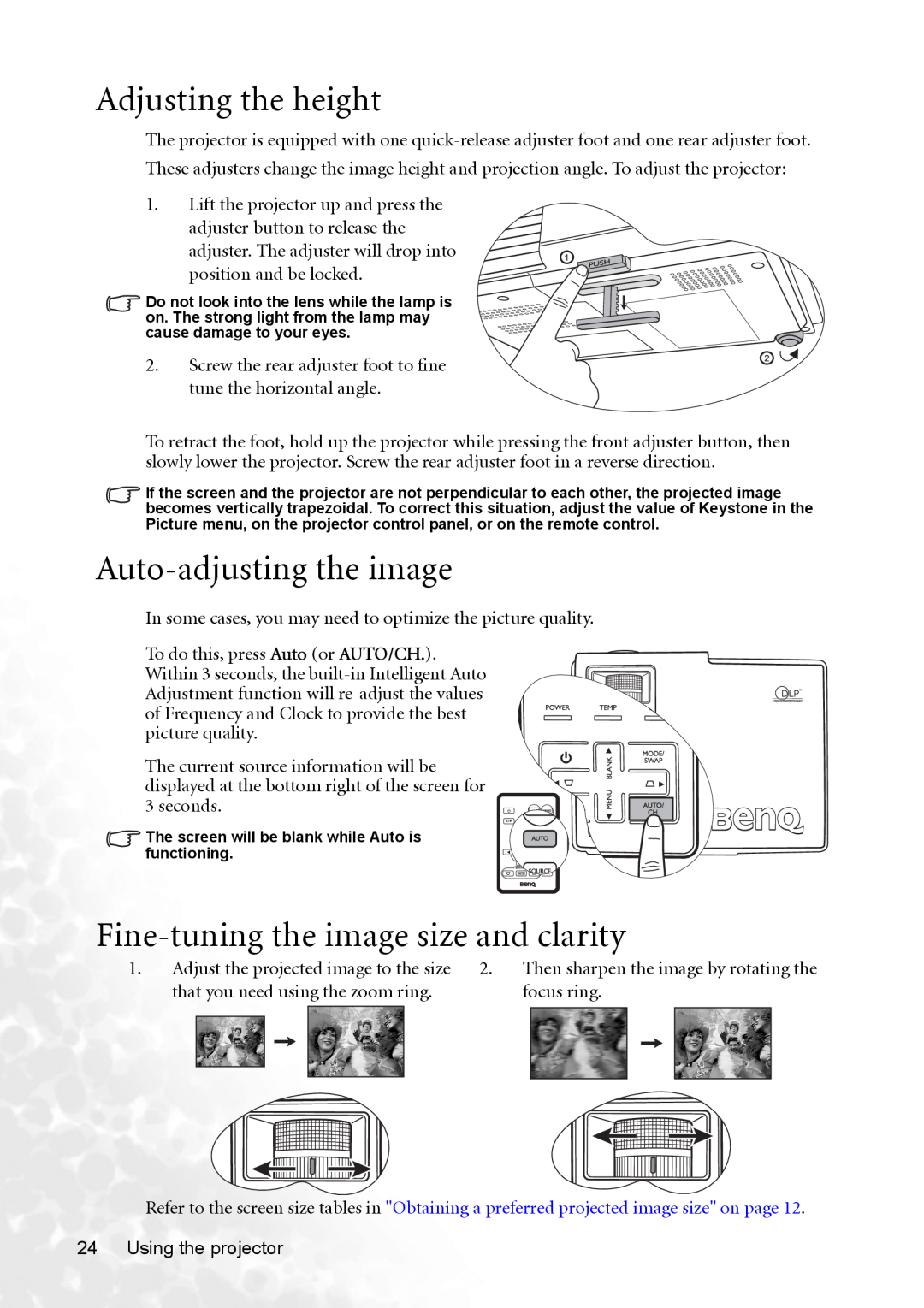 BenQ CP120 manual Adjusting the height, Auto-adjusting the image, Fine-tuning the image size and clarity 