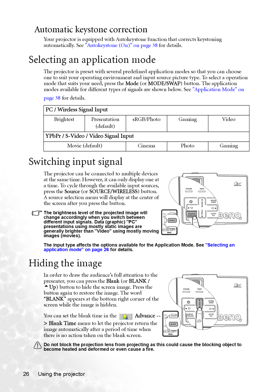 BenQ CP120 manual Selecting an application mode, Switching input signal, Hiding the image, Automatic keystone correction 