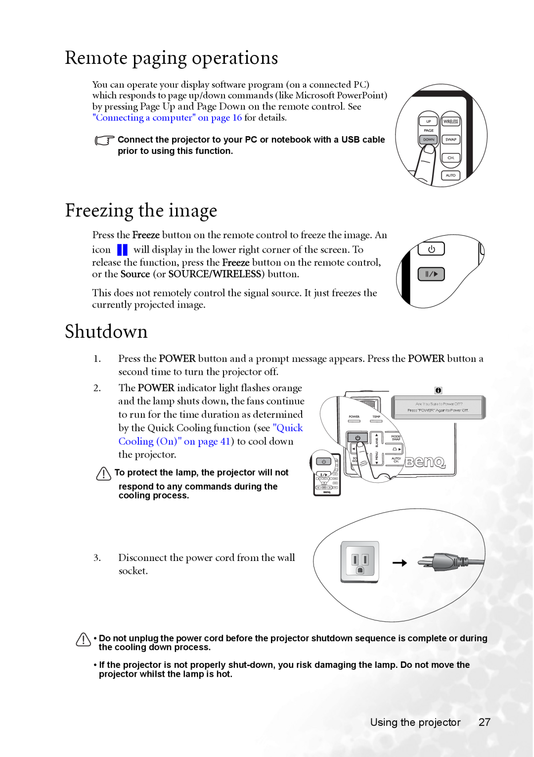 BenQ CP120 manual Remote paging operations, Freezing the image, Shutdown 