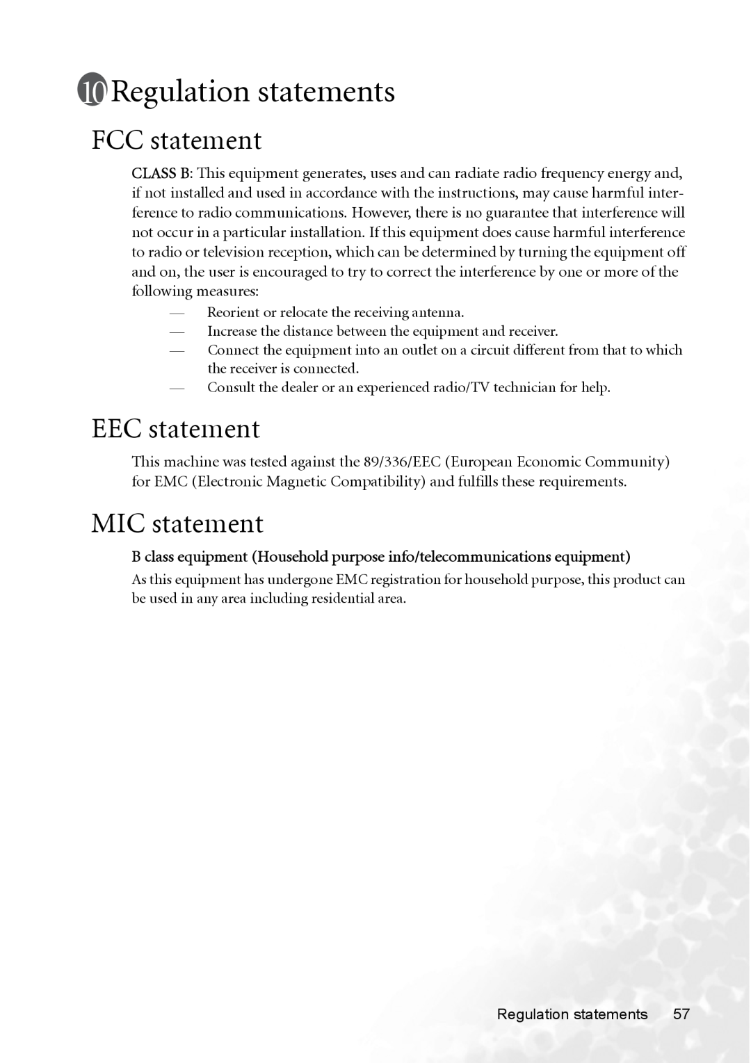 BenQ CP120 manual Regulation statements, FCC statement, EEC statement, MIC statement 