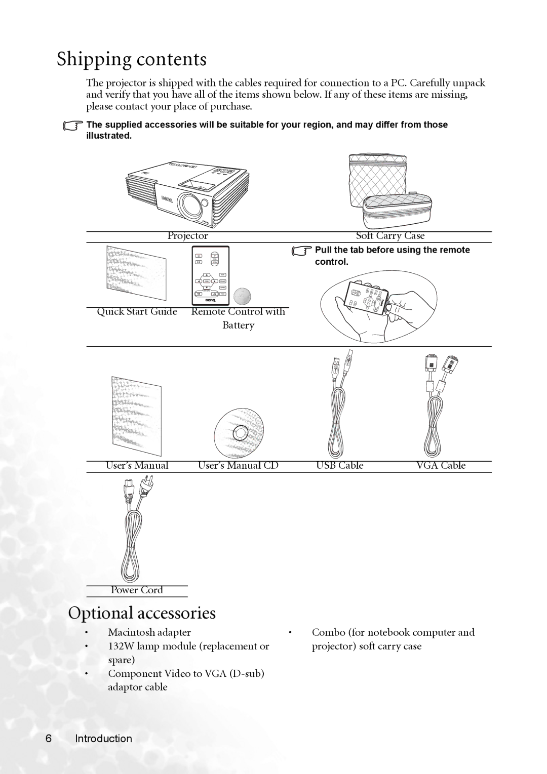 BenQ CP120C user manual Shipping contents 