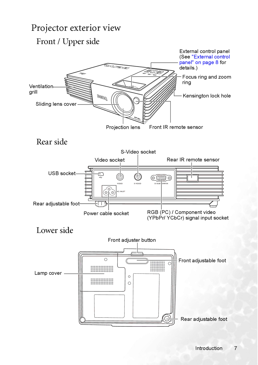 BenQ CP120C user manual Projector exterior view, Front / Upper side, Rear side, Lower side 