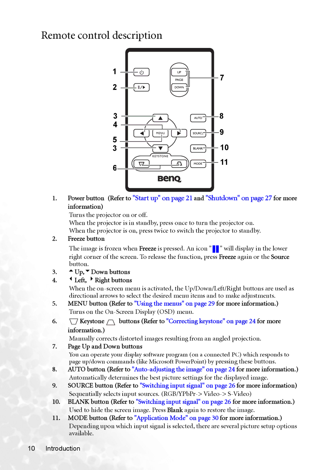 BenQ CP120C user manual Remote control description, Freeze button 