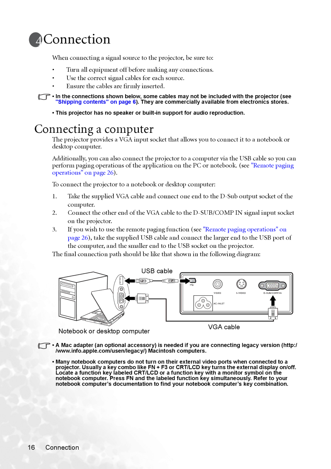 BenQ CP120C user manual Connection, Connecting a computer 