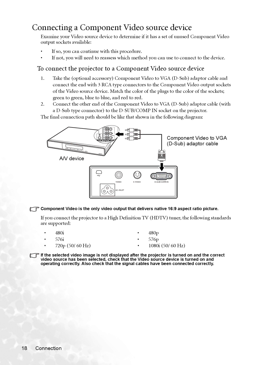 BenQ CP120C user manual Connecting a Component Video source device, Component Video to VGA D-Sub adaptor cable Device 