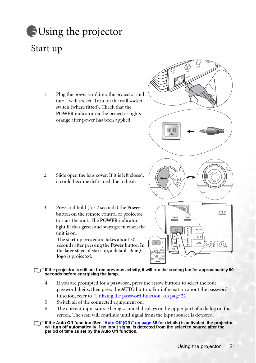 BenQ CP120C user manual Using the projector, Start up 