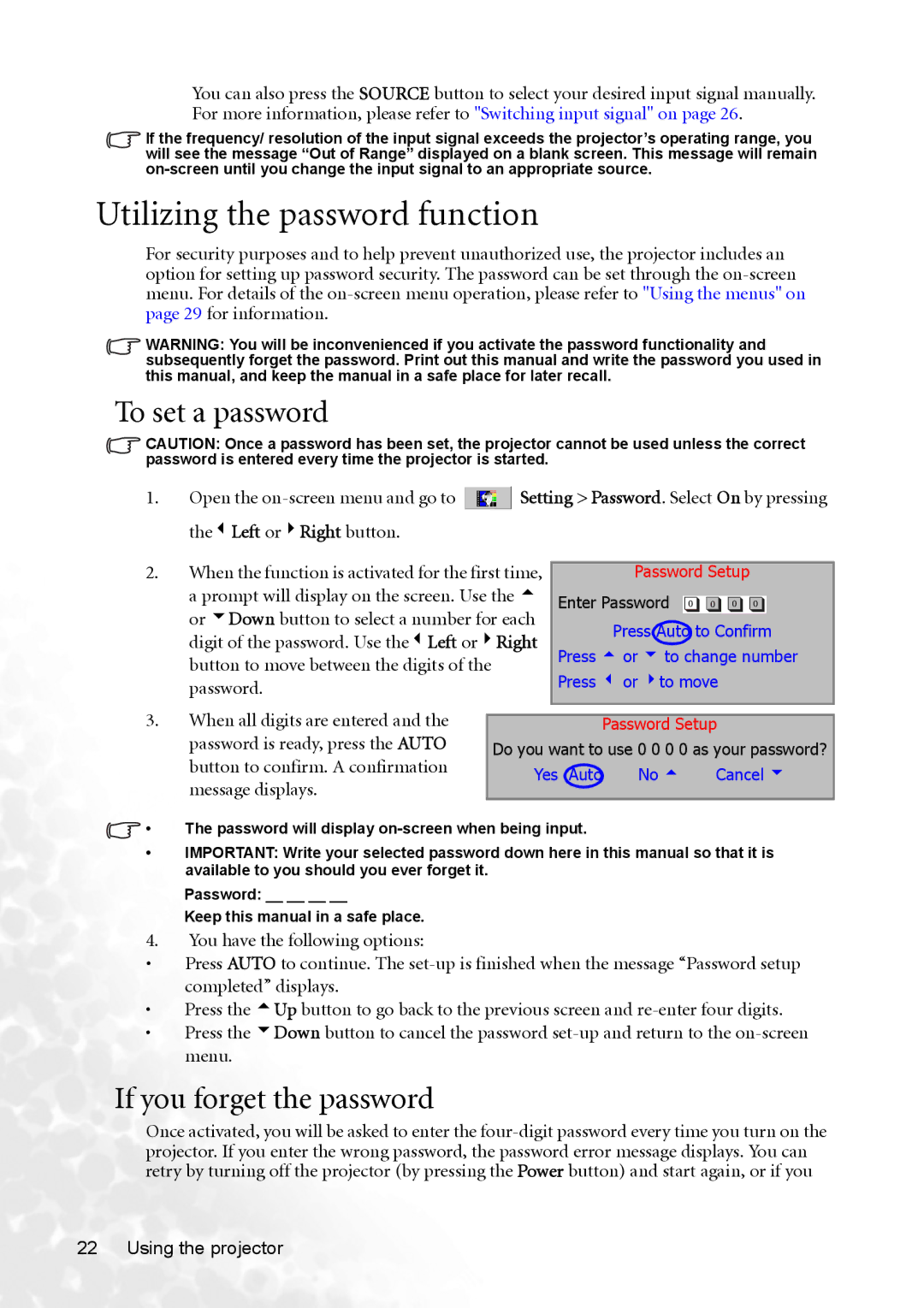 BenQ CP120C user manual Utilizing the password function, To set a password, If you forget the password 