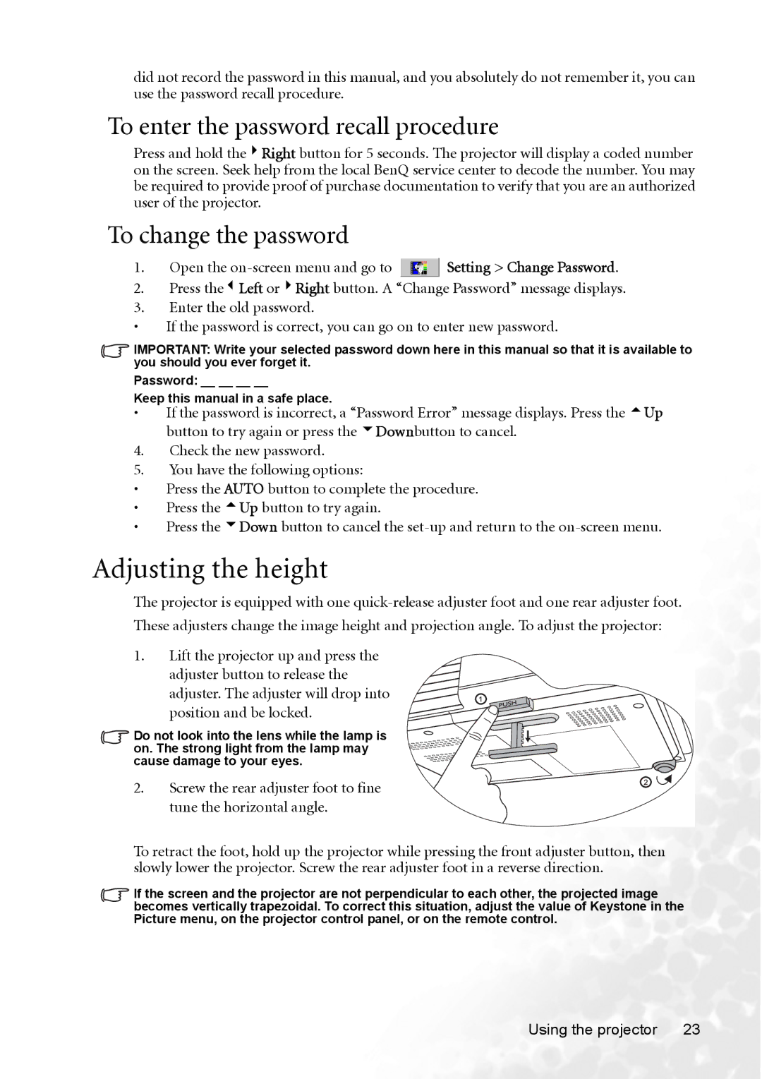 BenQ CP120C user manual Adjusting the height, To enter the password recall procedure, To change the password 