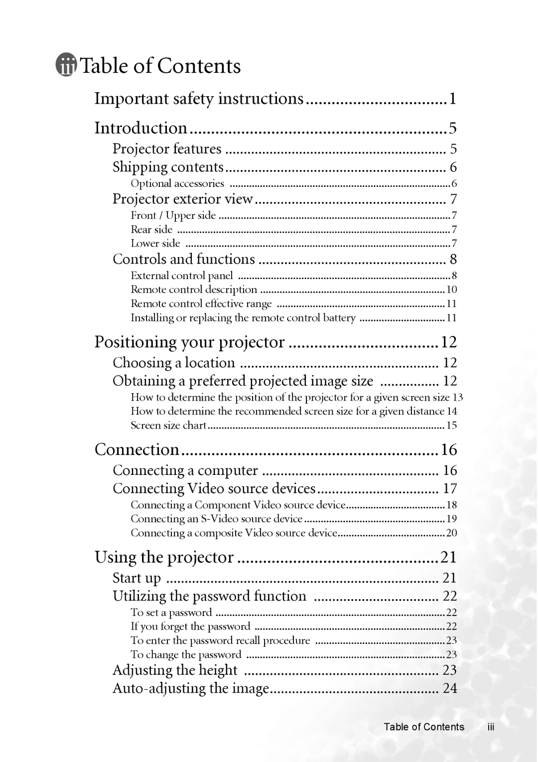 BenQ CP120C user manual Table of Contents 