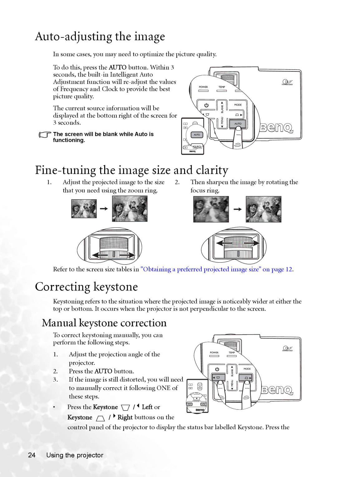 BenQ CP120C user manual Auto-adjusting the image, Fine-tuning the image size and clarity, Correcting keystone 