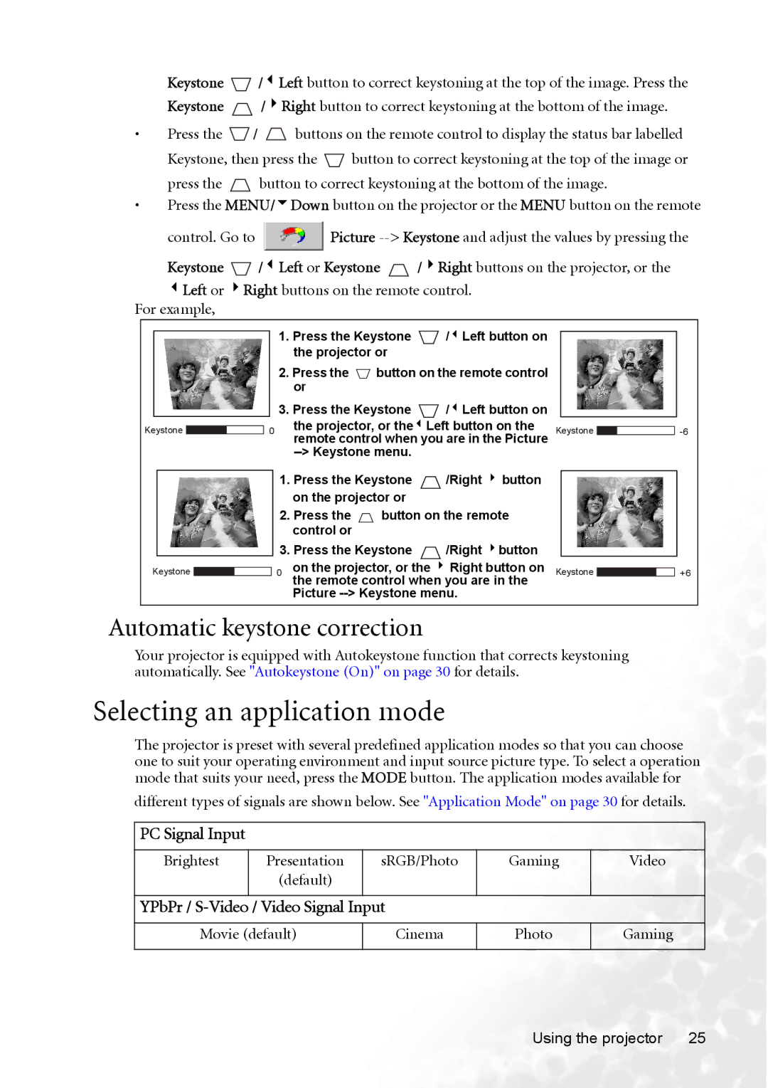 BenQ CP120C user manual Selecting an application mode, Automatic keystone correction 