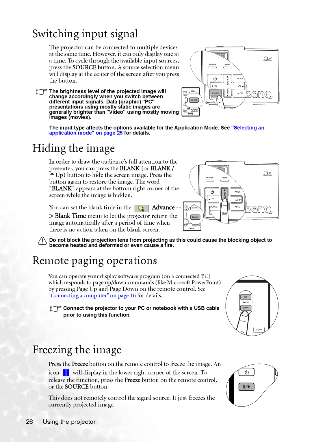 BenQ CP120C user manual Switching input signal, Hiding the image, Remote paging operations, Freezing the image 