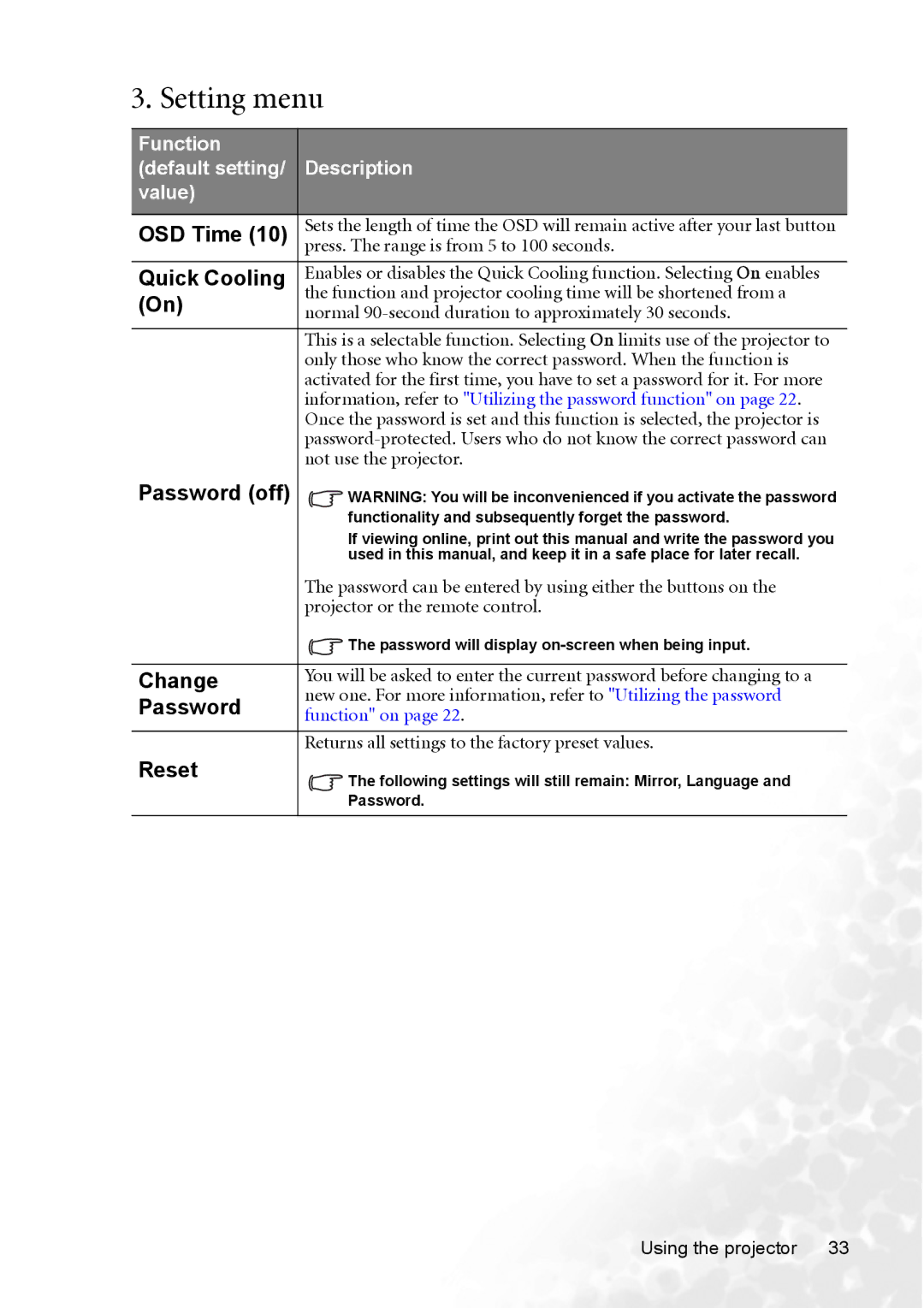 BenQ CP120C user manual Setting menu 