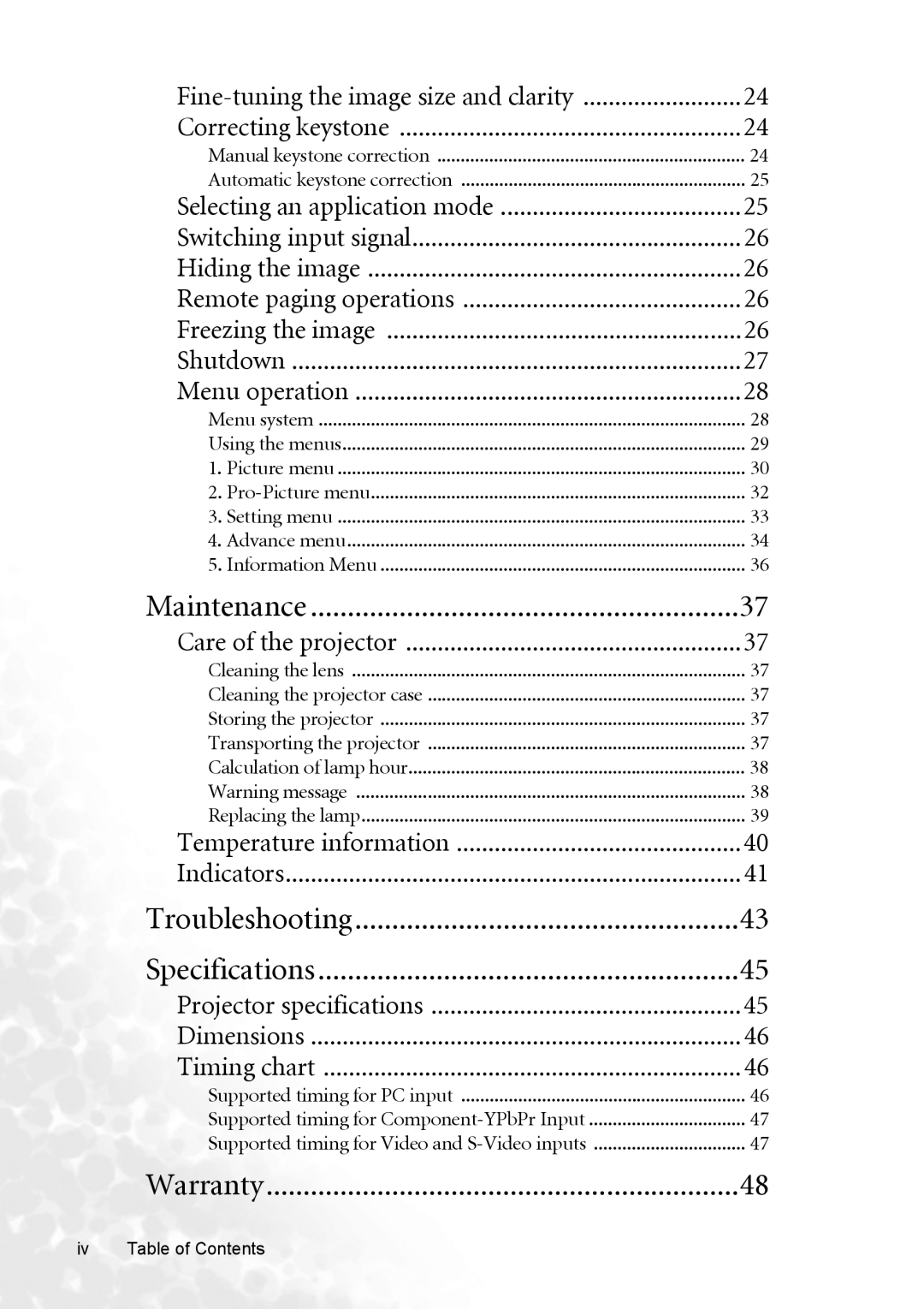 BenQ CP120C user manual Fine-tuning the image size and clarity, Iv Table of Contents 