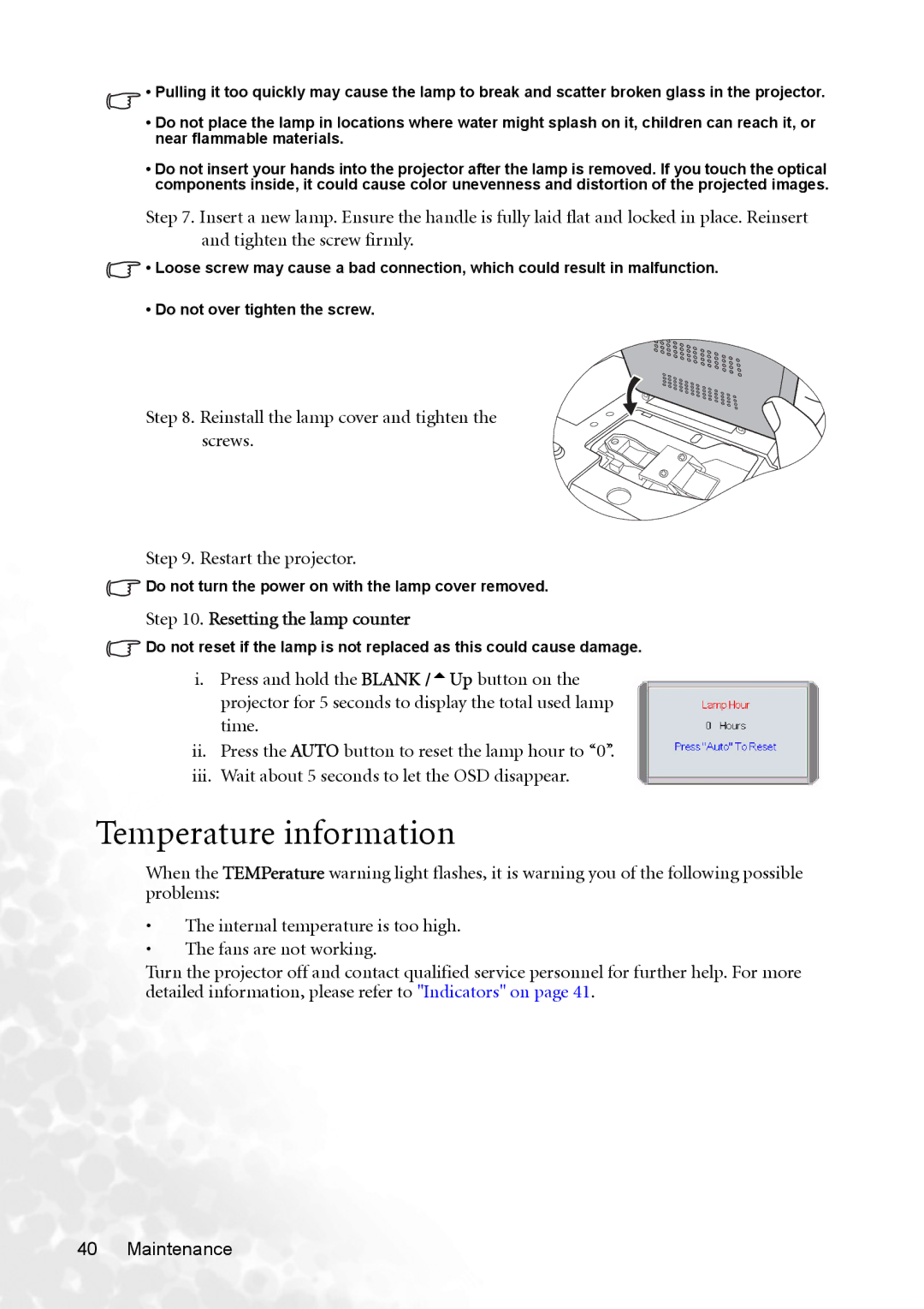 BenQ CP120C user manual Temperature information, Resetting the lamp counter 