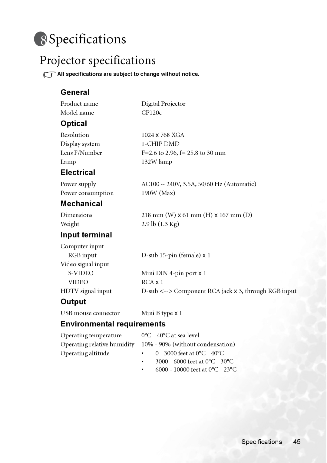 BenQ CP120C user manual Specifications, Projector specifications 