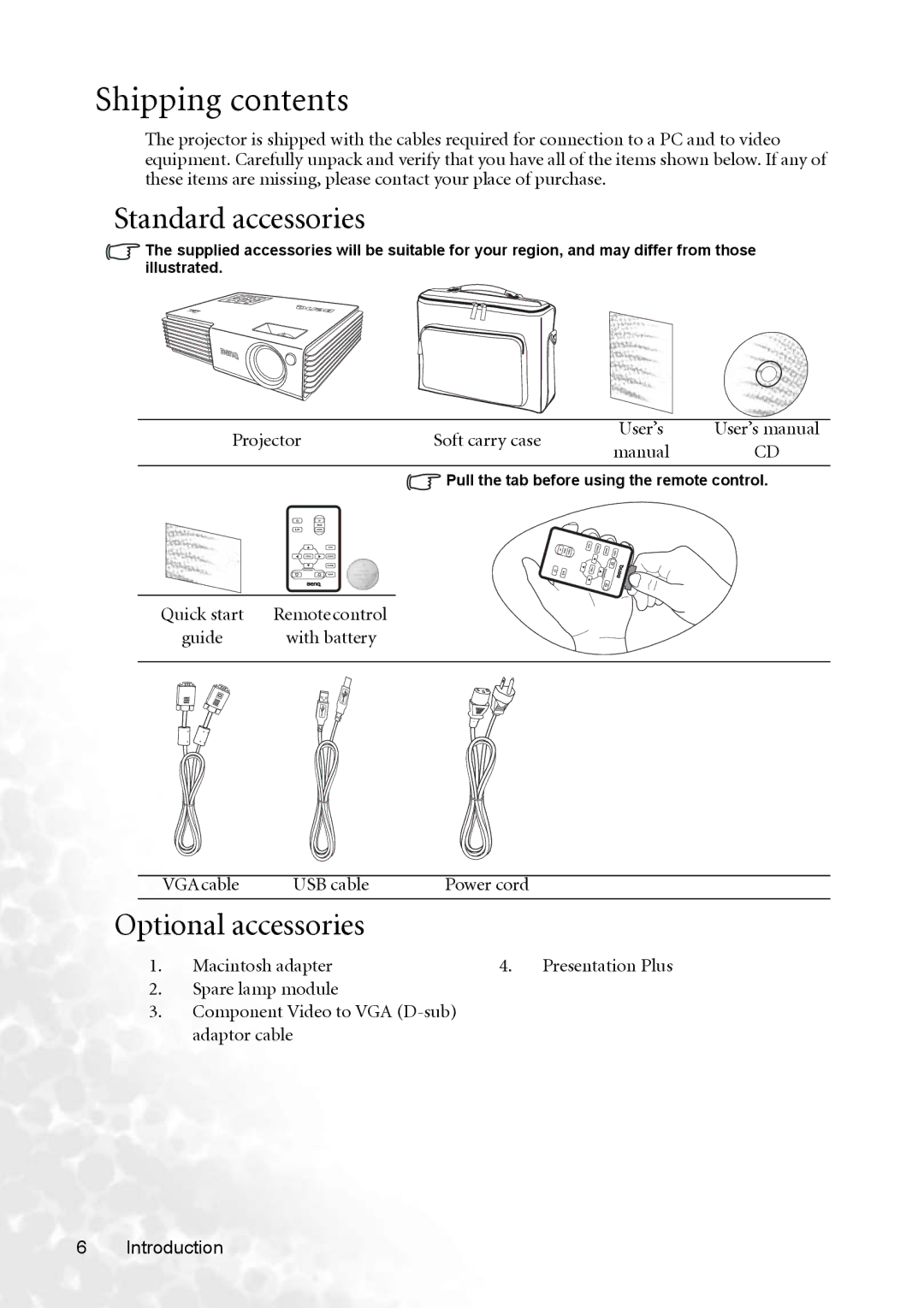 BenQ CP220 user manual Shipping contents 