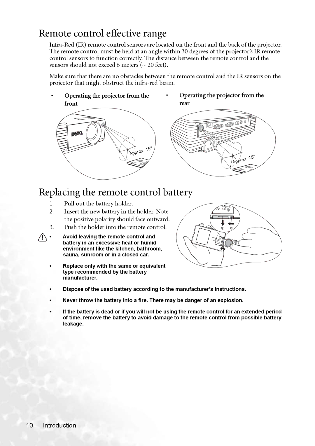 BenQ CP220 Remote control effective range, Replacing the remote control battery, Operating the projector from, Front Rear 