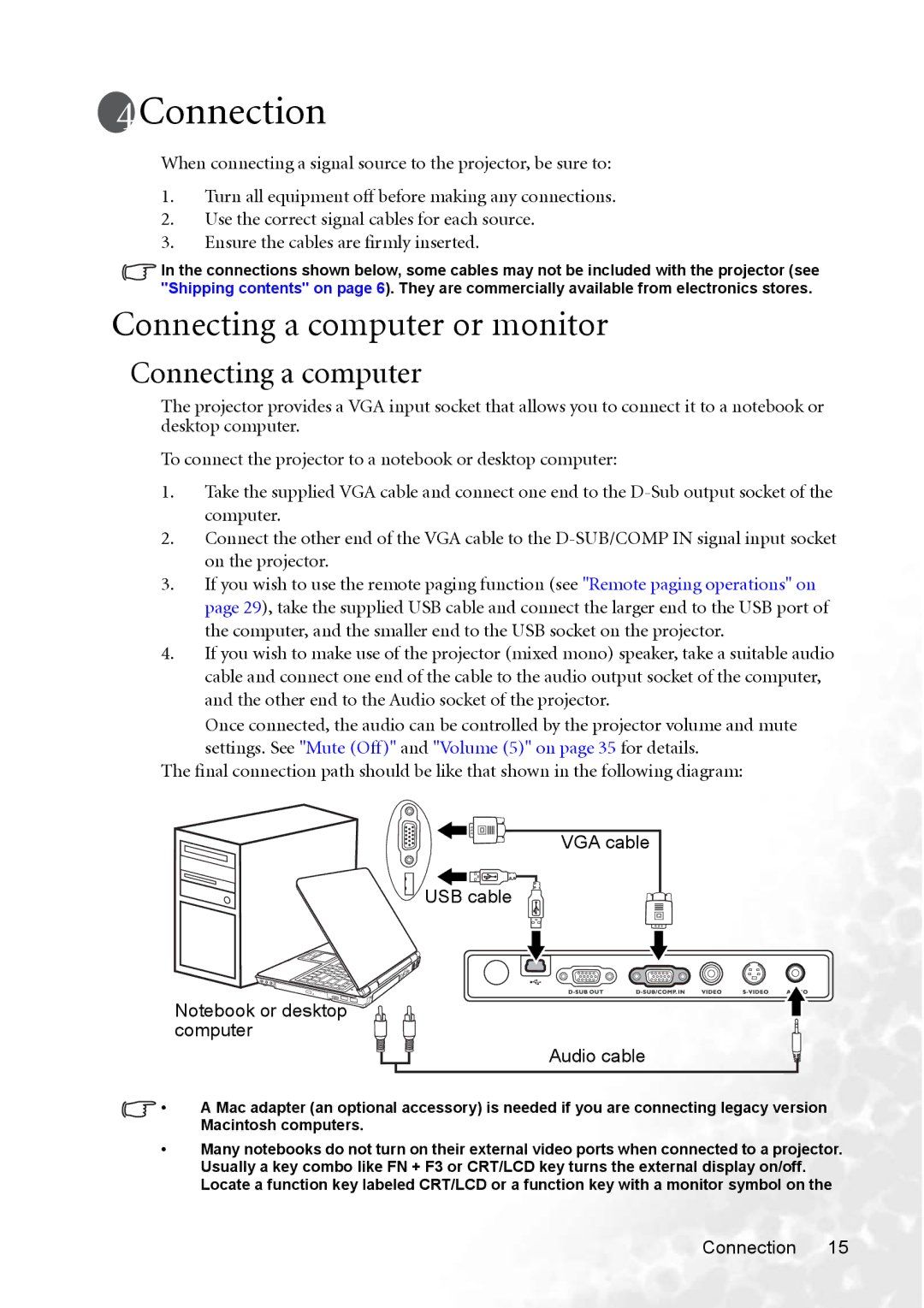 BenQ CP220 user manual Connection, Connecting a computer or monitor 