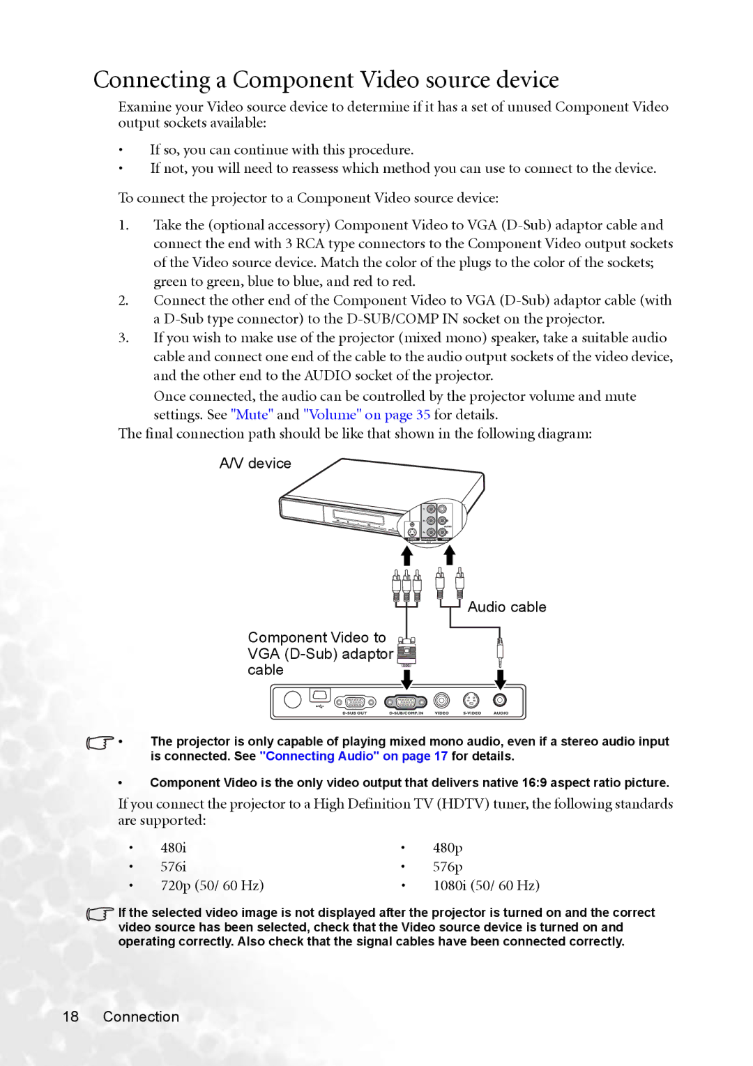 BenQ CP220 user manual Connecting a Component Video source device, 1080i 50/ 60 Hz 