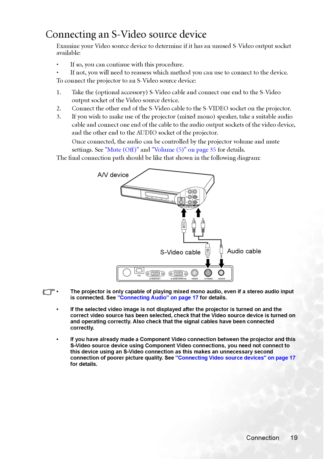 BenQ CP220 user manual Connecting an S-Video source device, Settings. See Mute Off and Volume 5 on page 35 for details 