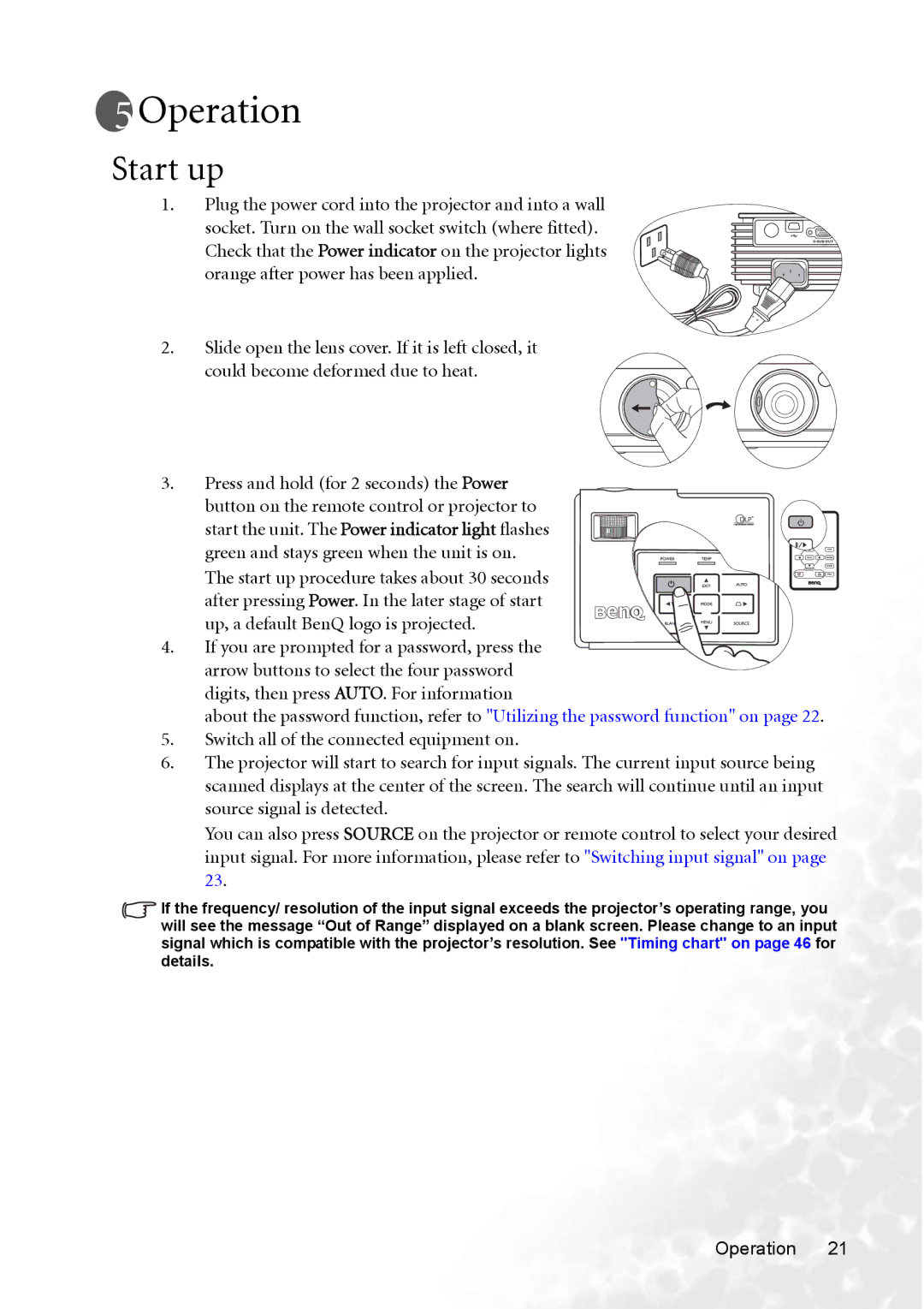 BenQ CP220 user manual Operation, Start up, Plug the power cord into the projector and into a wall 