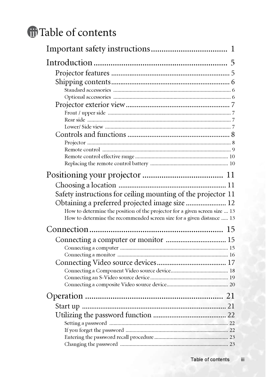 BenQ CP220 user manual Table of contents 