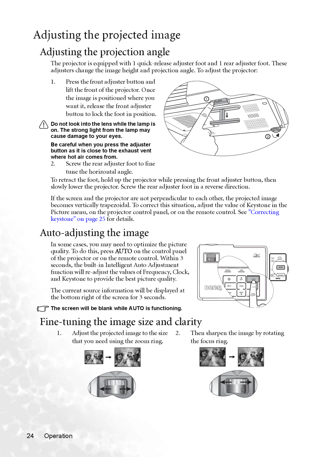 BenQ CP220 user manual Adjusting the projected image, Adjusting the projection angle, Auto-adjusting the image 