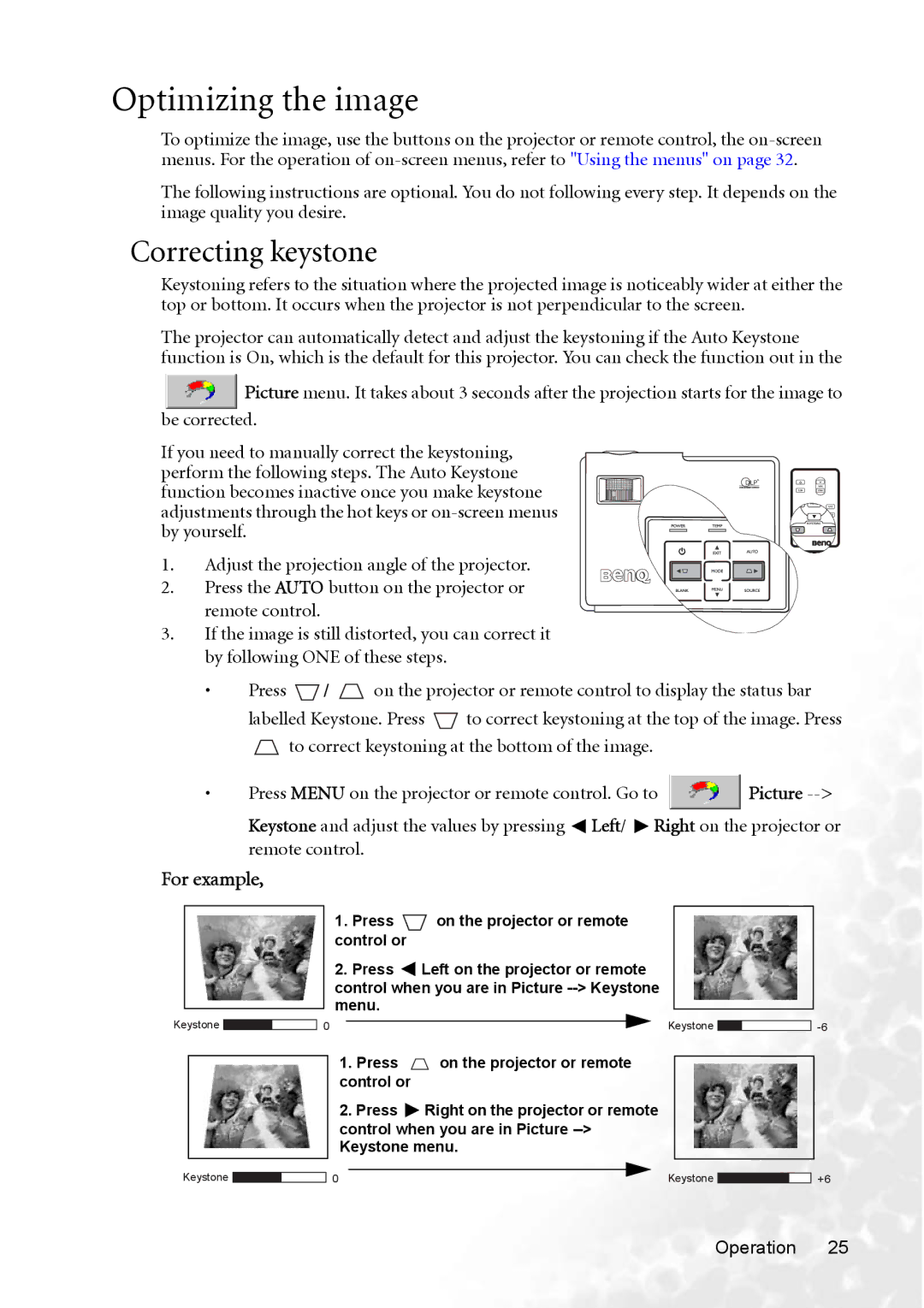 BenQ CP220 user manual Optimizing the image, Correcting keystone 