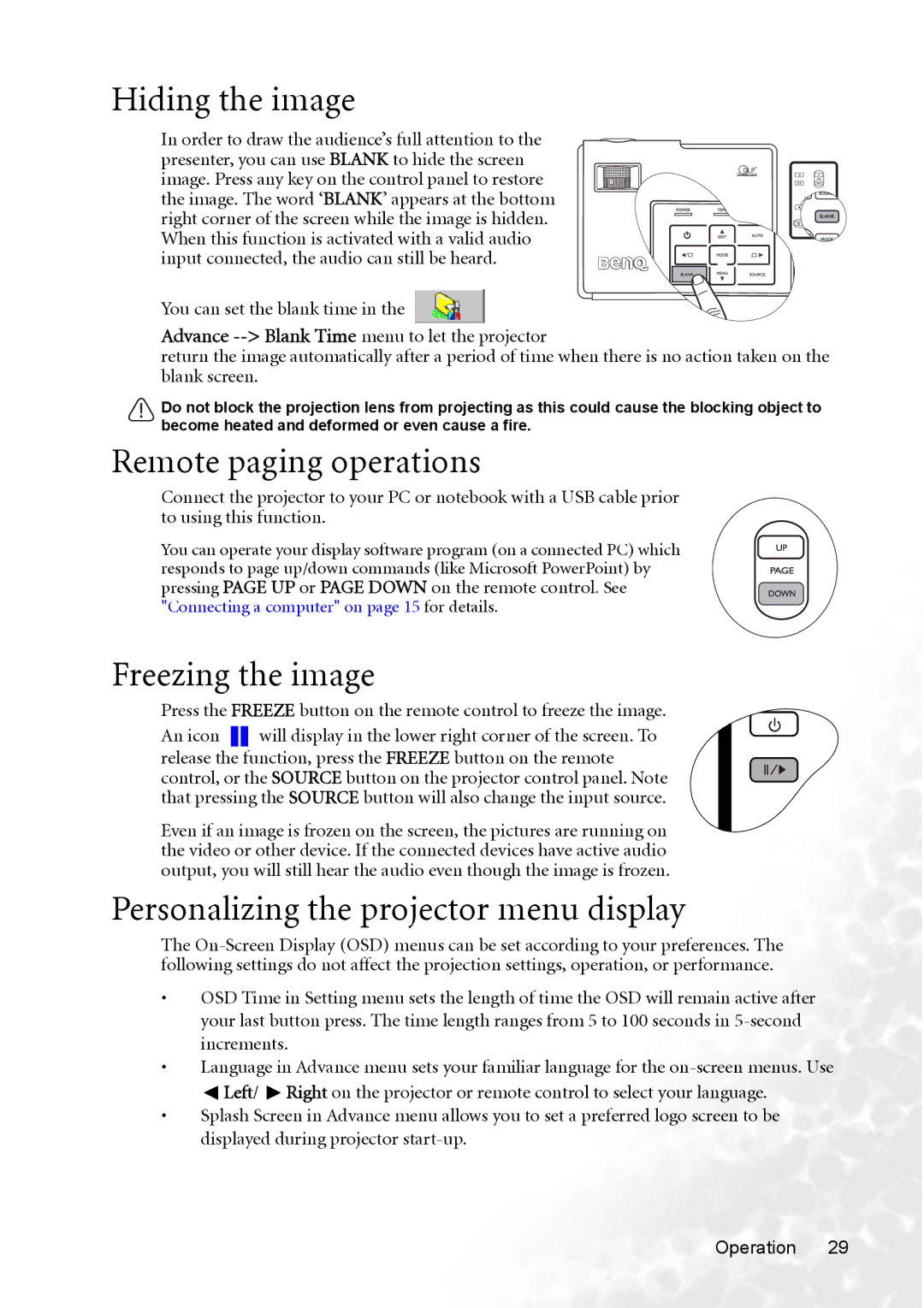 BenQ CP220 Hiding the image, Remote paging operations, Freezing the image, Personalizing the projector menu display 