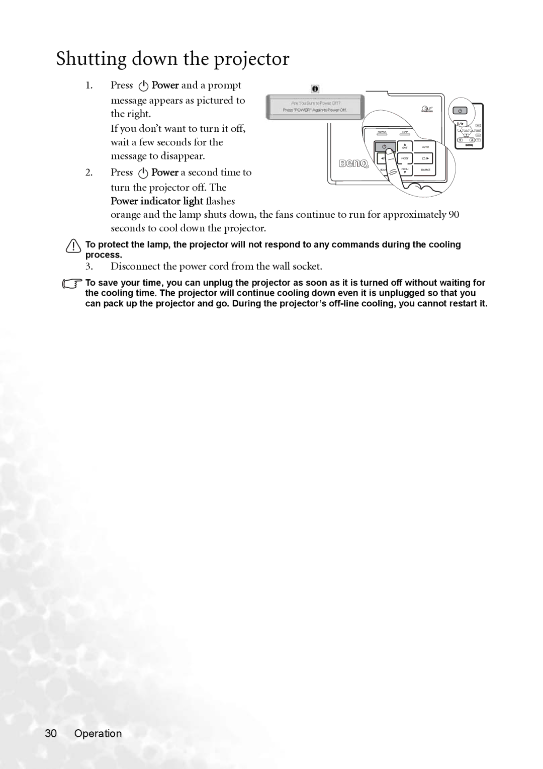 BenQ CP220 user manual Shutting down the projector, Disconnect the power cord from the wall socket 