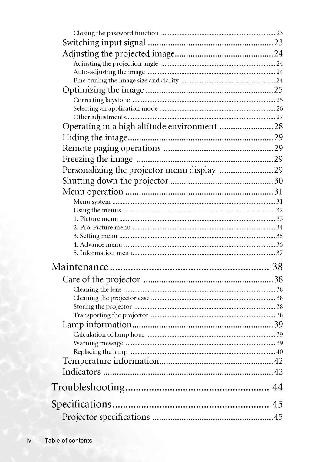 BenQ CP220 user manual Switching input signal Adjusting the projected image, Iv Table of contents 