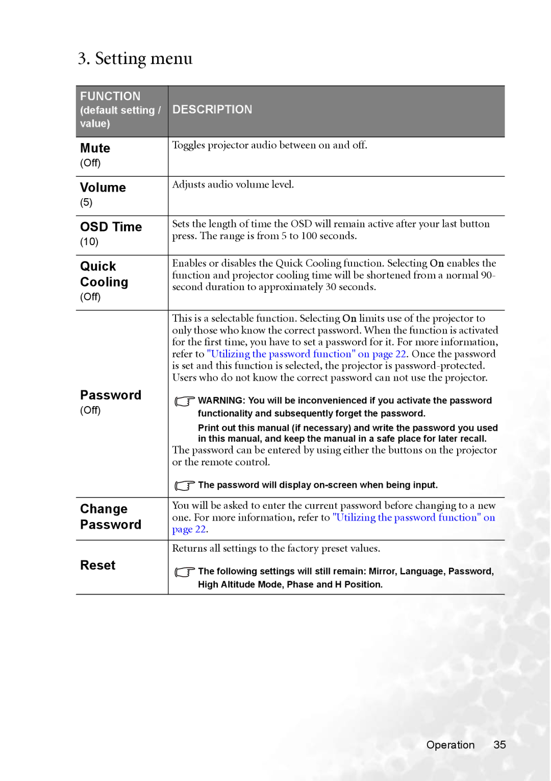 BenQ CP220 user manual Setting menu 