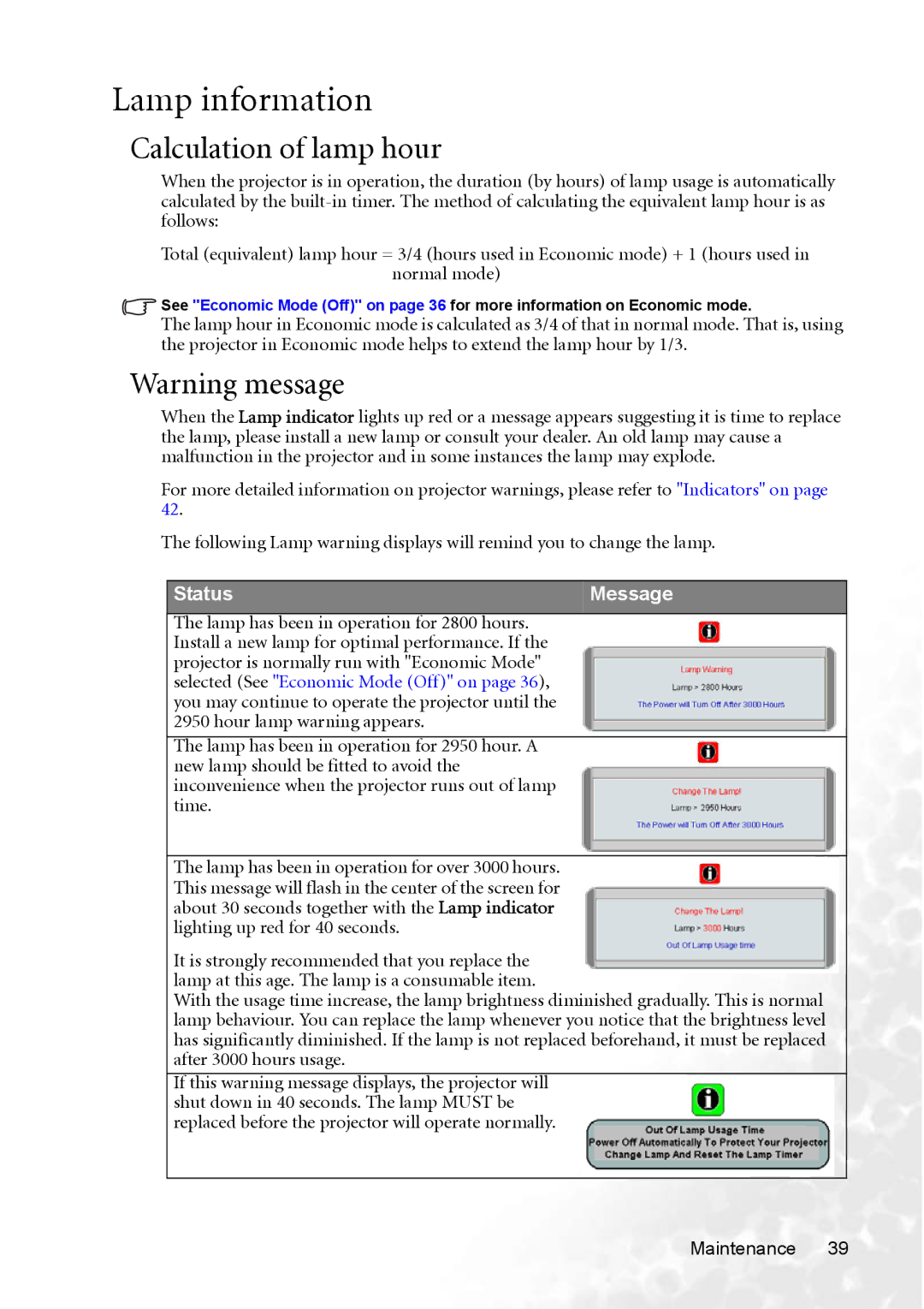 BenQ CP220 user manual Lamp information, Calculation of lamp hour 