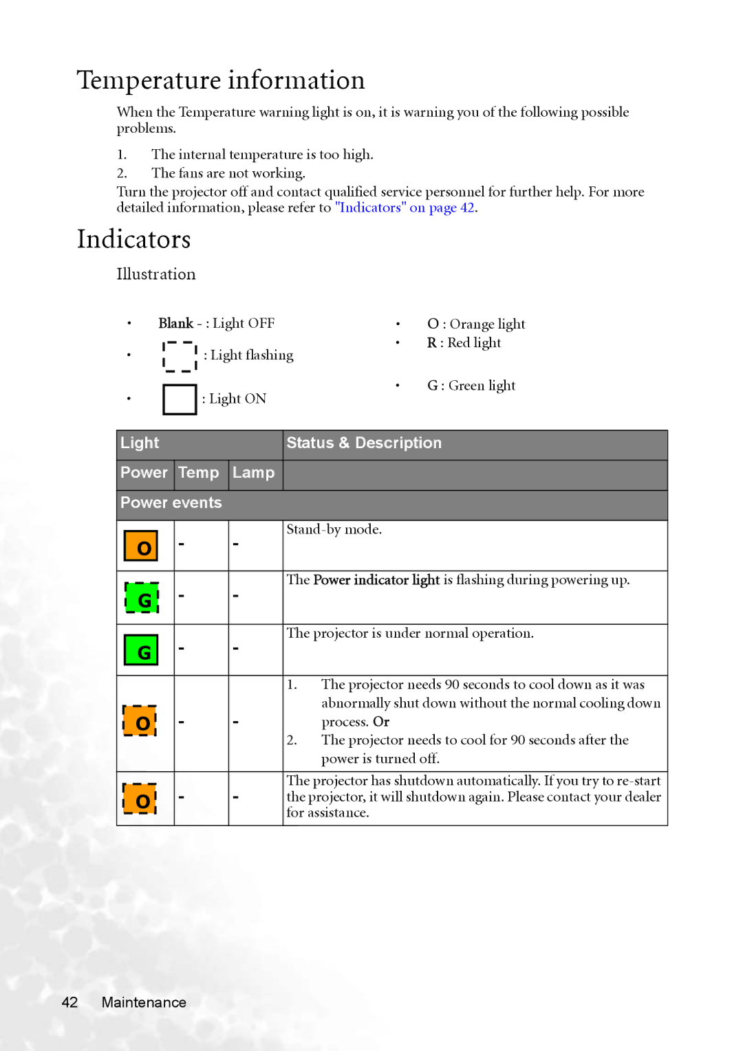 BenQ CP220 Temperature information, Indicators, Power indicator light is flashing during powering up, For assistance 