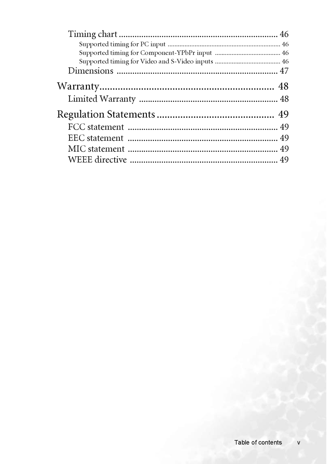 BenQ CP220 user manual Supported timing for Component-YPbPr input, Table of contents 