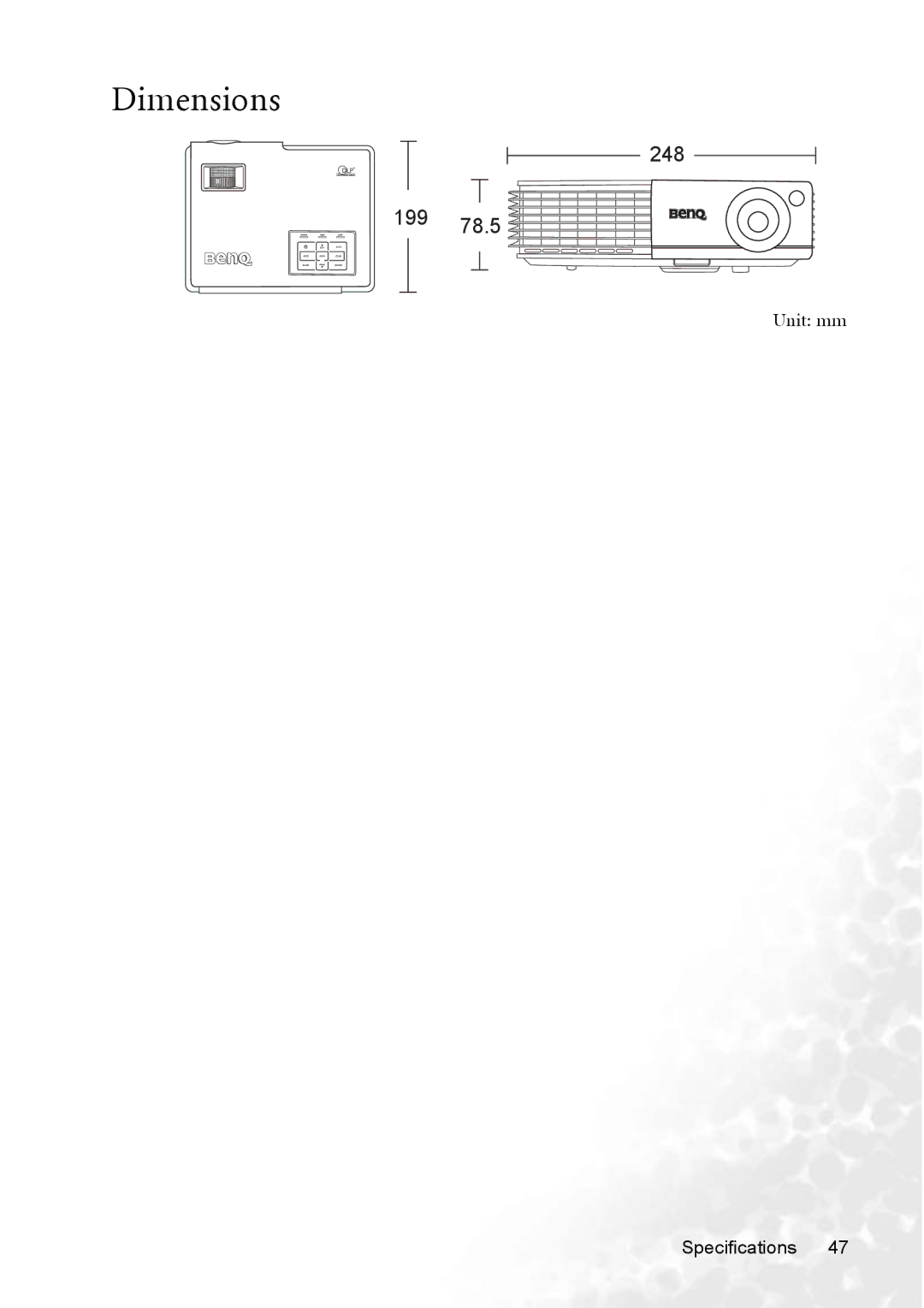 BenQ CP220 user manual Dimensions, Unit mm Specifications 