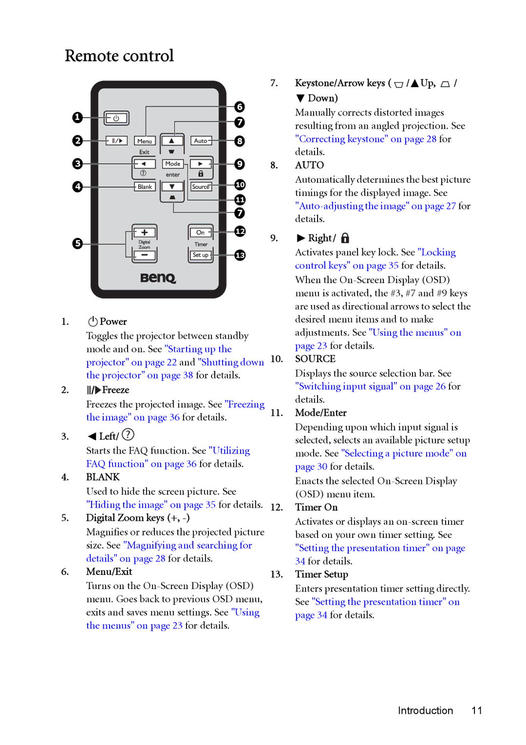 BenQ cp270 user manual Remote control 