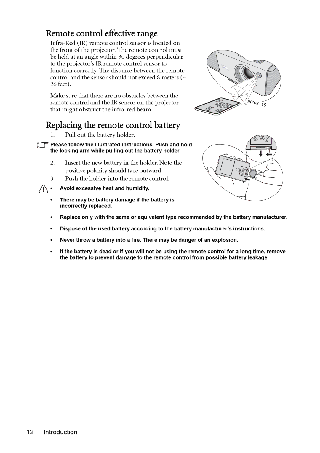 BenQ cp270 user manual Remote control effective range, Replacing the remote control battery, Pull out the battery holder 