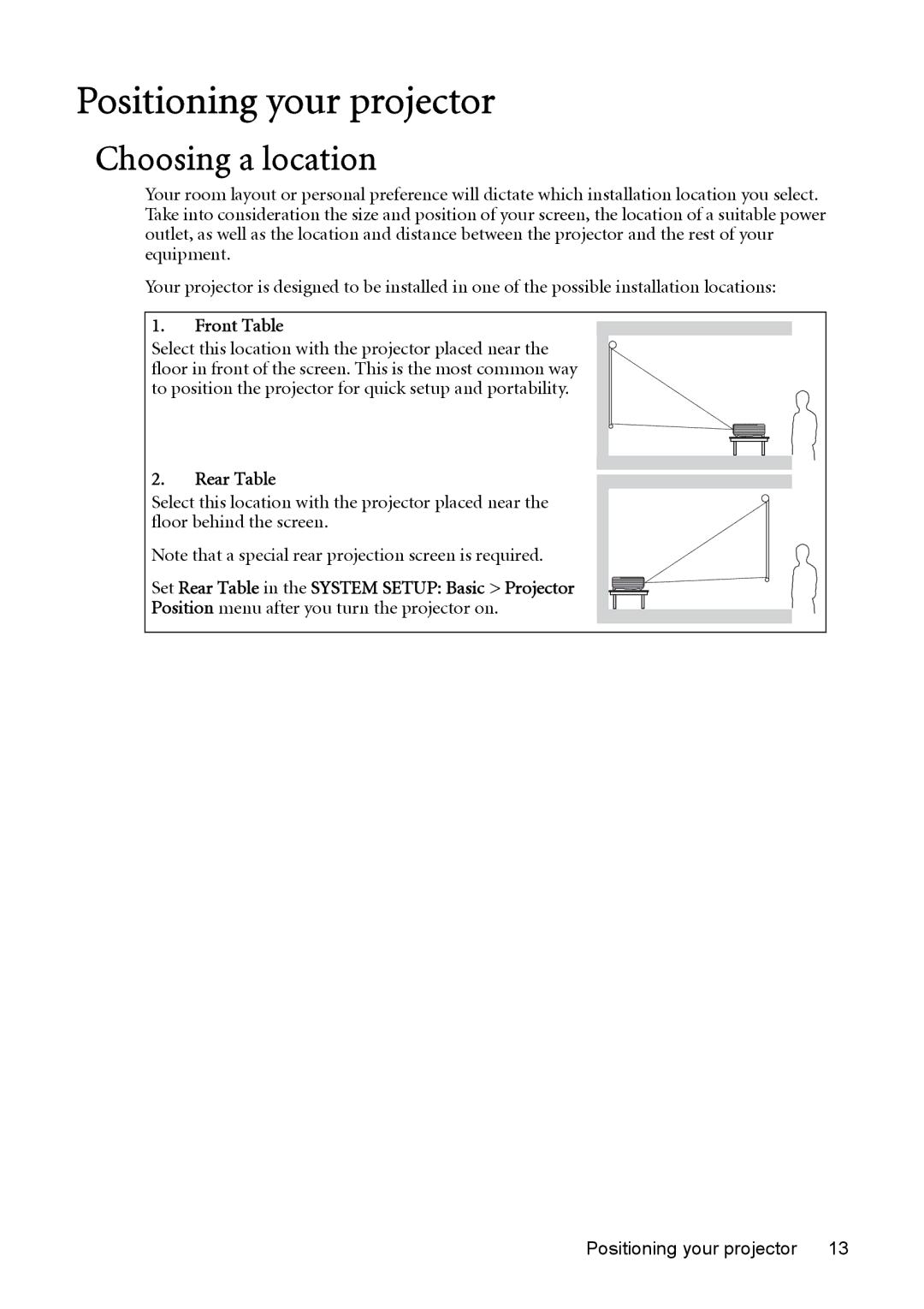 BenQ cp270 user manual Positioning your projector, Choosing a location, Front Table, Rear Table 