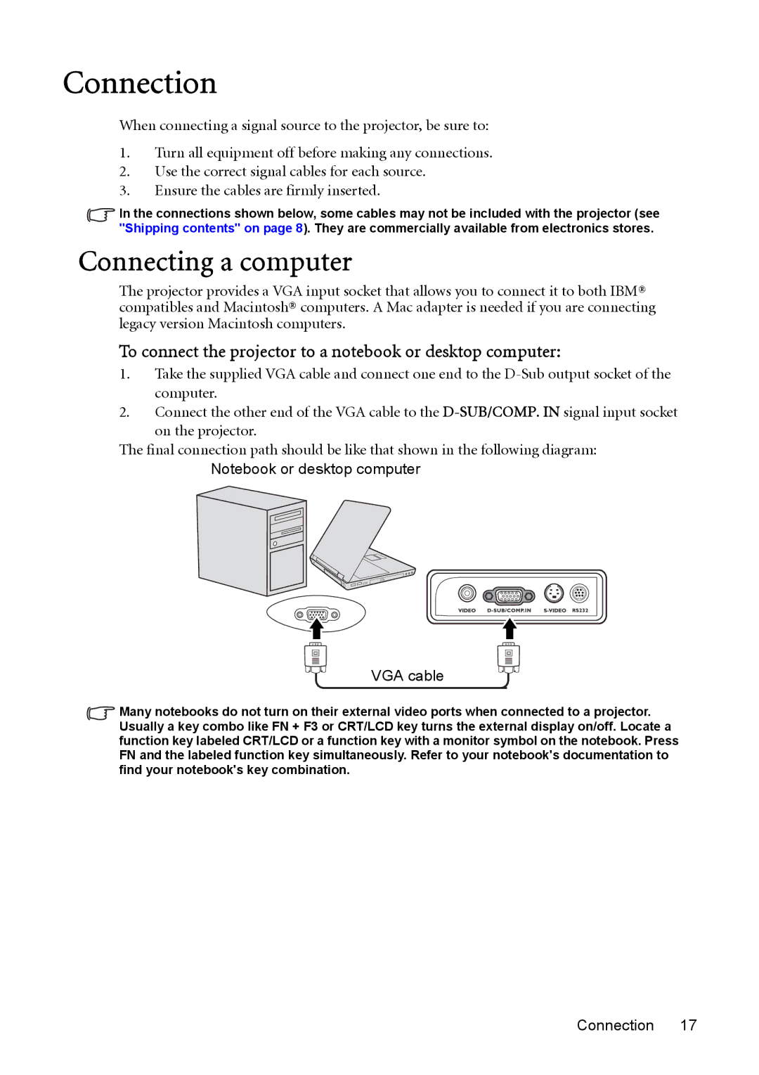 BenQ cp270 user manual Connection, Connecting a computer, To connect the projector to a notebook or desktop computer 