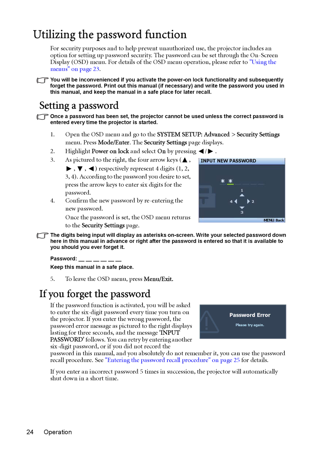 BenQ cp270 user manual Utilizing the password function, Setting a password, If you forget the password, Security Settings 