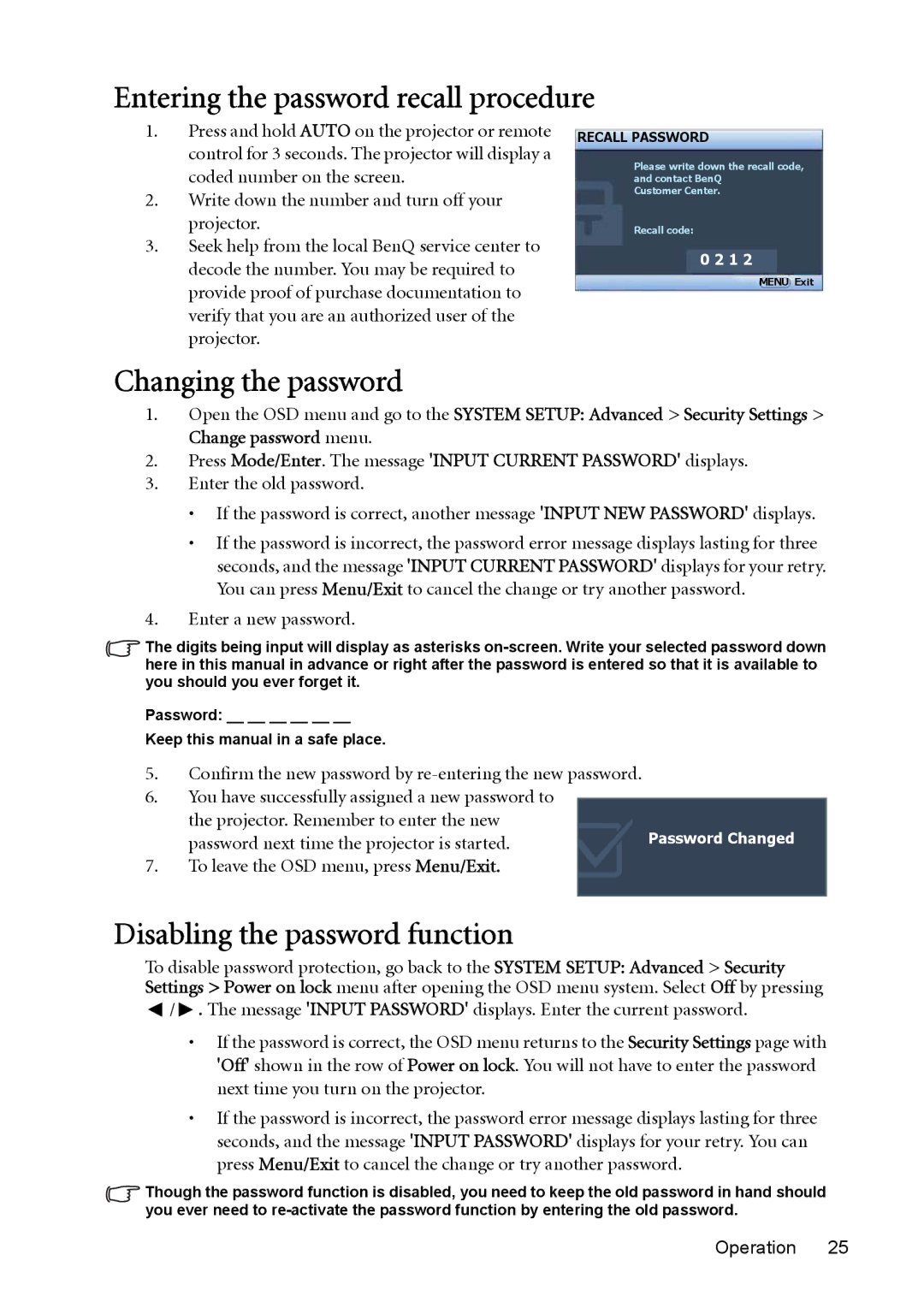 BenQ cp270 user manual Entering the password recall procedure, Changing the password, Disabling the password function 