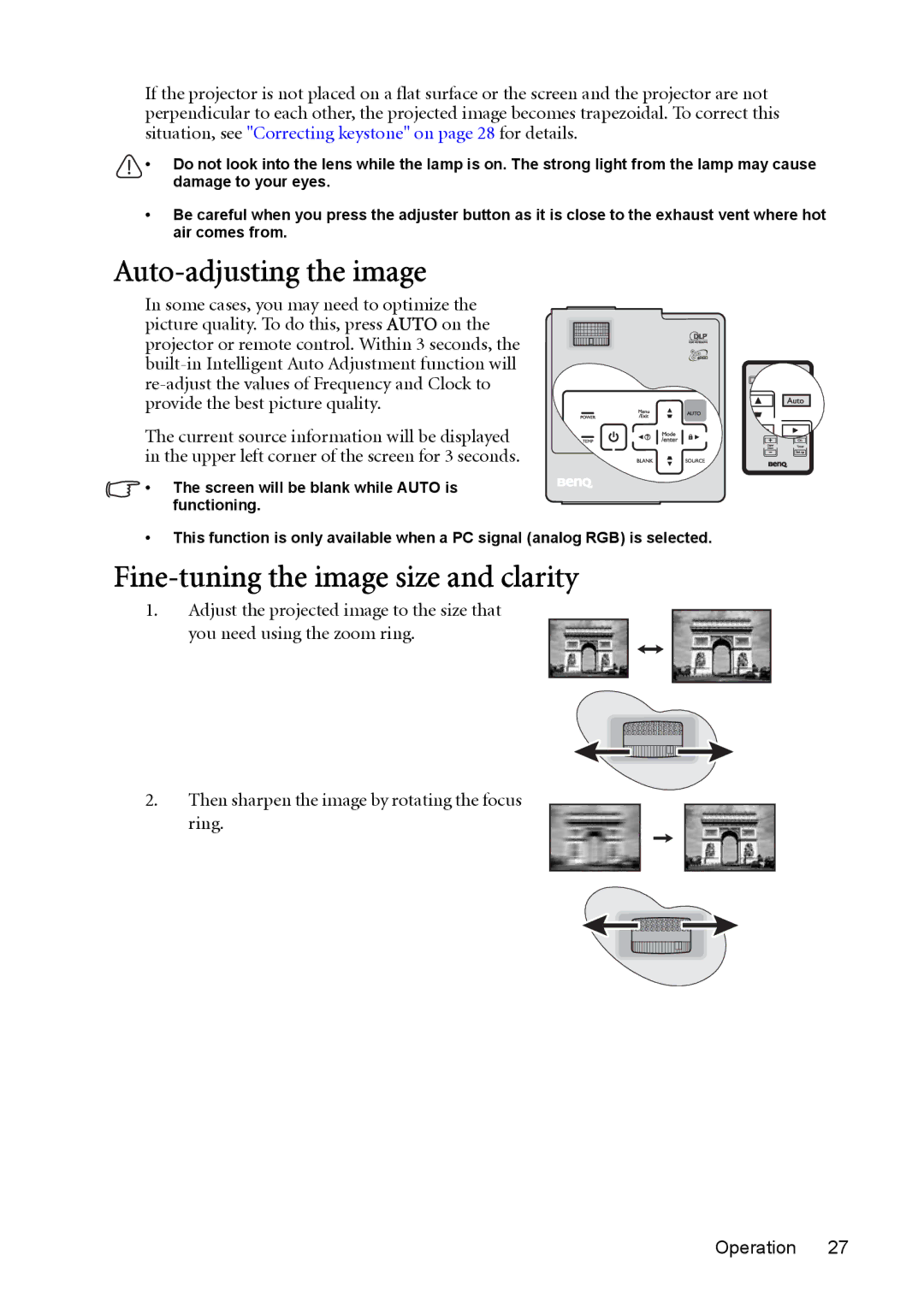 BenQ cp270 user manual Auto-adjusting the image, Fine-tuning the image size and clarity 