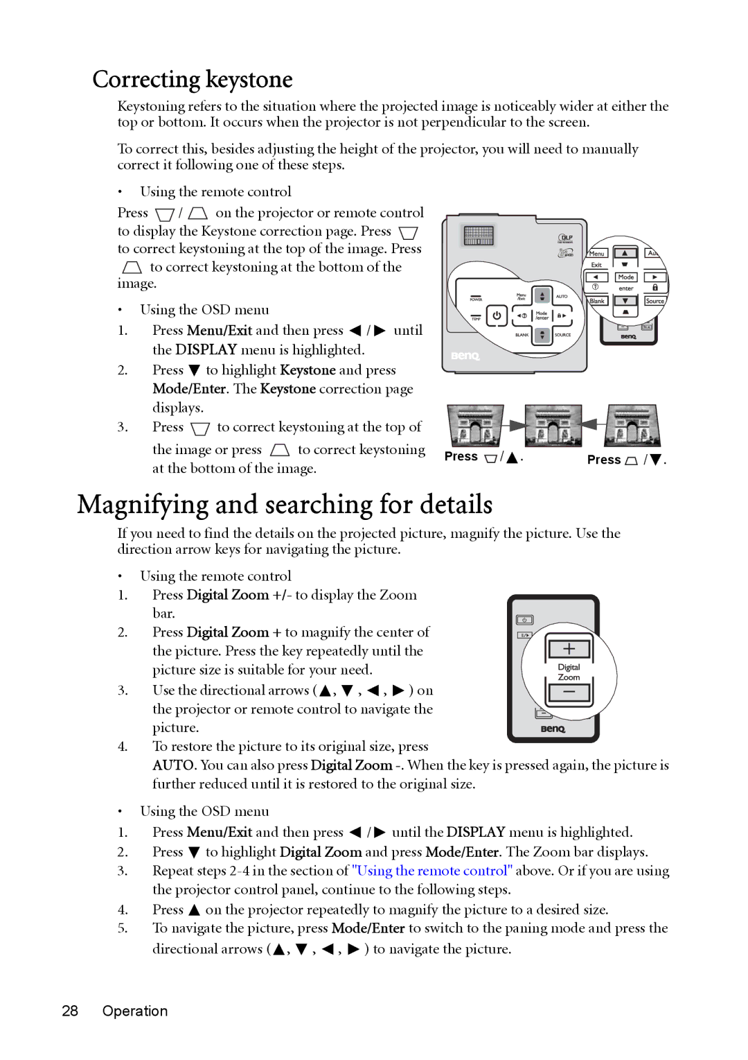 BenQ cp270 user manual Magnifying and searching for details, Correcting keystone, At the bottom of the image 