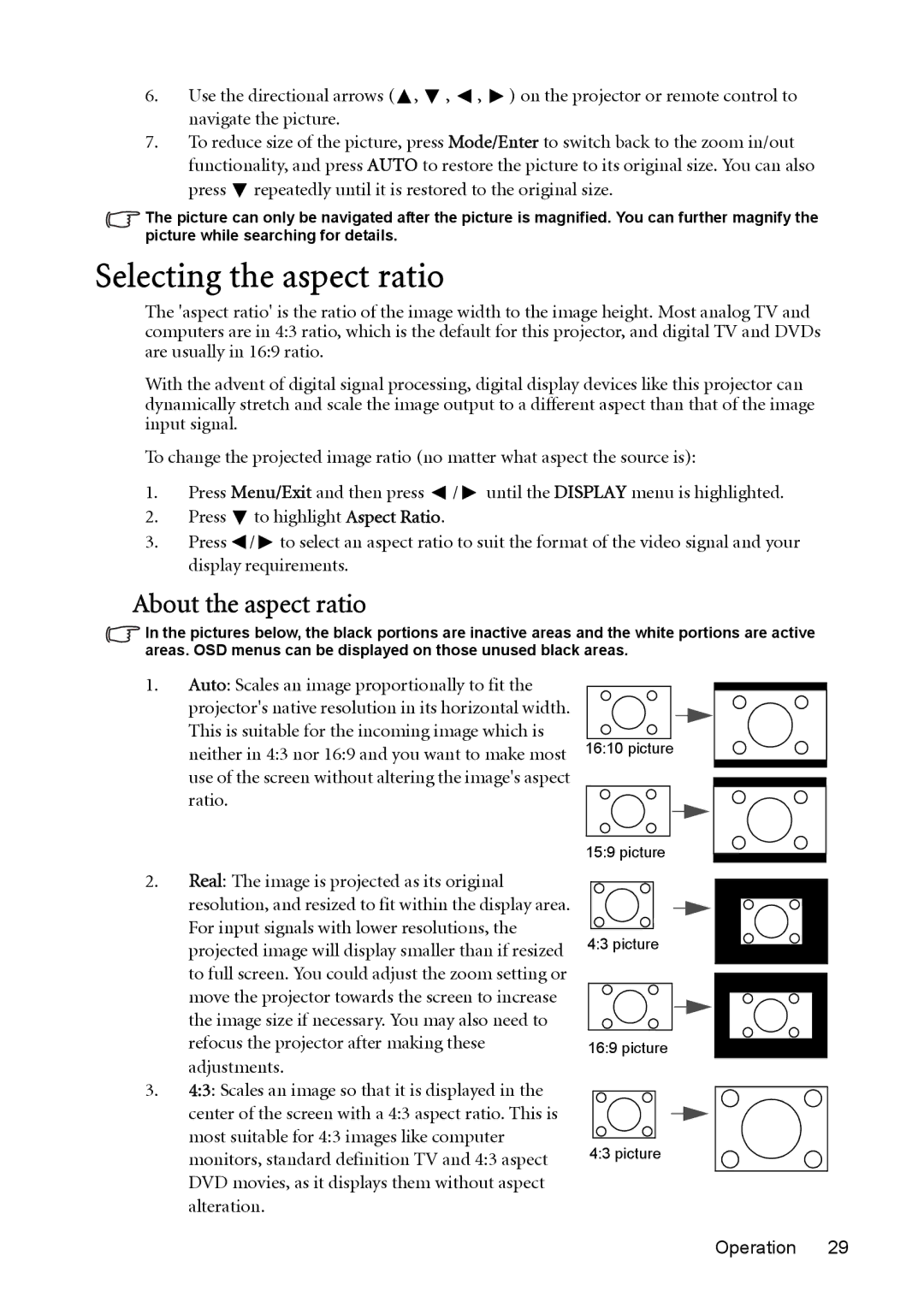 BenQ cp270 Selecting the aspect ratio, About the aspect ratio, Use of the screen without altering the images aspect Ratio 