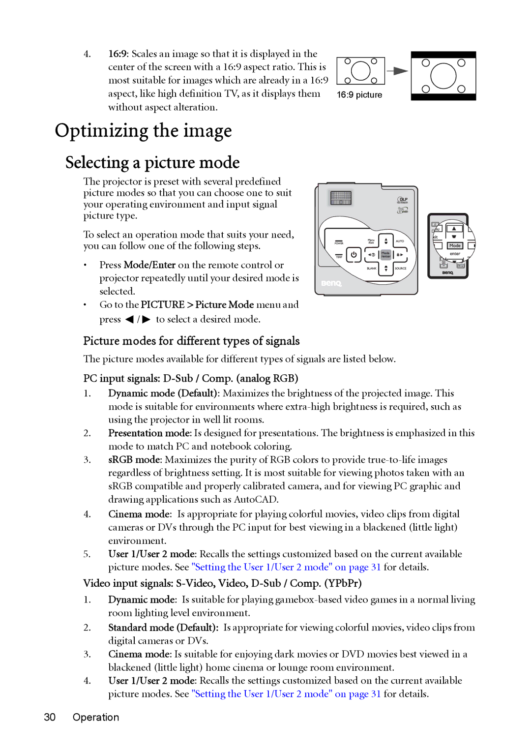 BenQ cp270 user manual Optimizing the image, Selecting a picture mode, Picture modes for different types of signals 