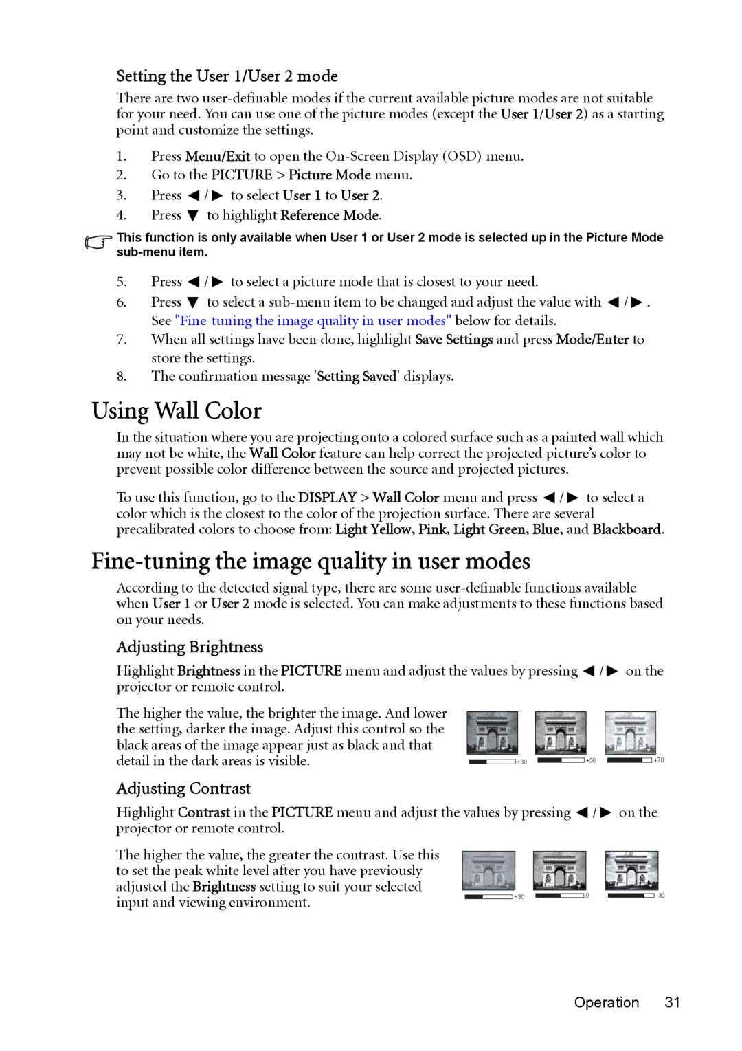 BenQ cp270 user manual Using Wall Color, Fine-tuning the image quality in user modes, Setting the User 1/User 2 mode 