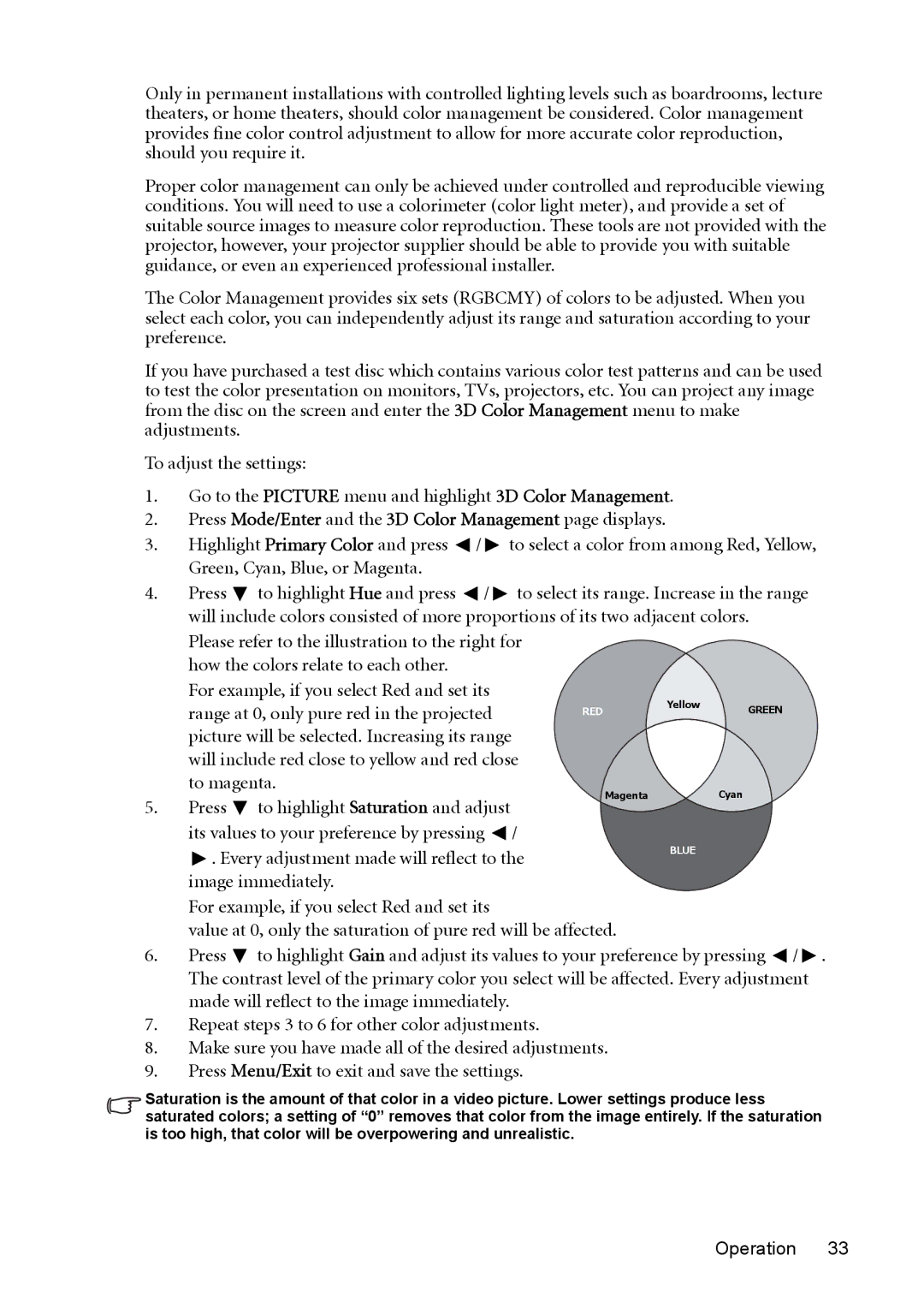 BenQ cp270 user manual Press Mode/Enter and the 3D Color Management page displays 